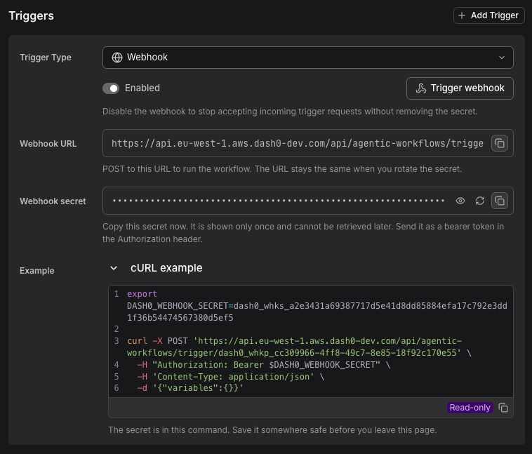 Webhook trigger configuration showing the webhook URL, secret, cURL example, and Trigger webhook button