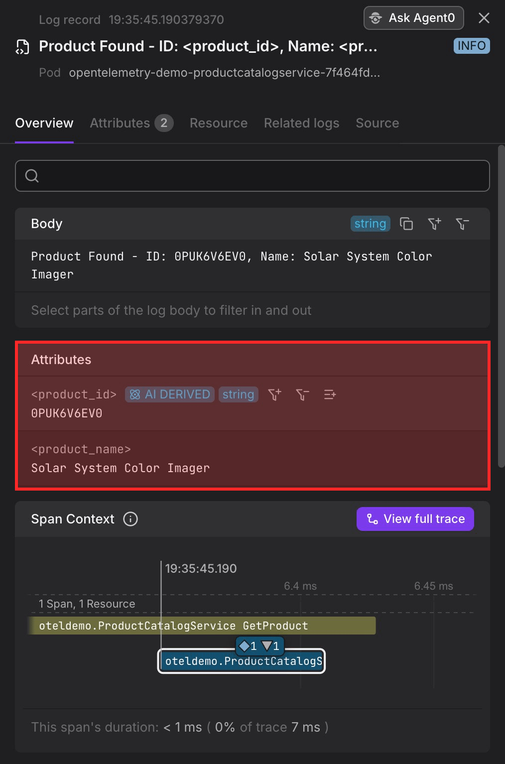 Log Sidebar attributes section showing AI derived badges on attributes extracted by Log AI