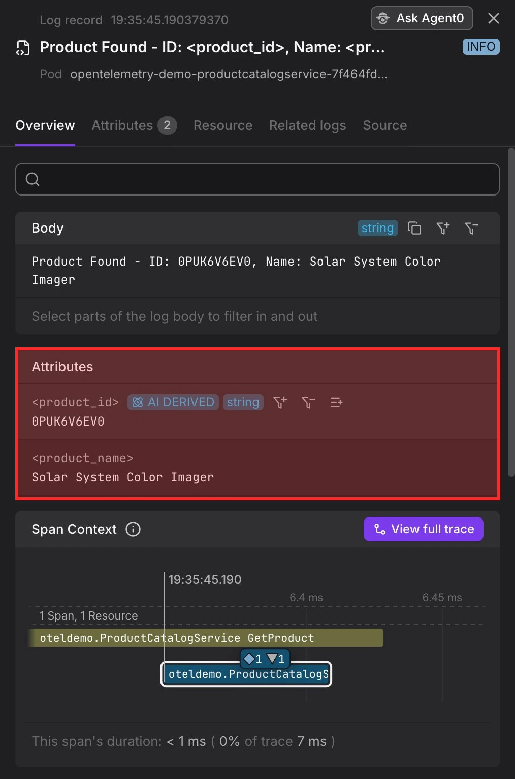 Log record panel showing pattern match popup and AI Derived attributes