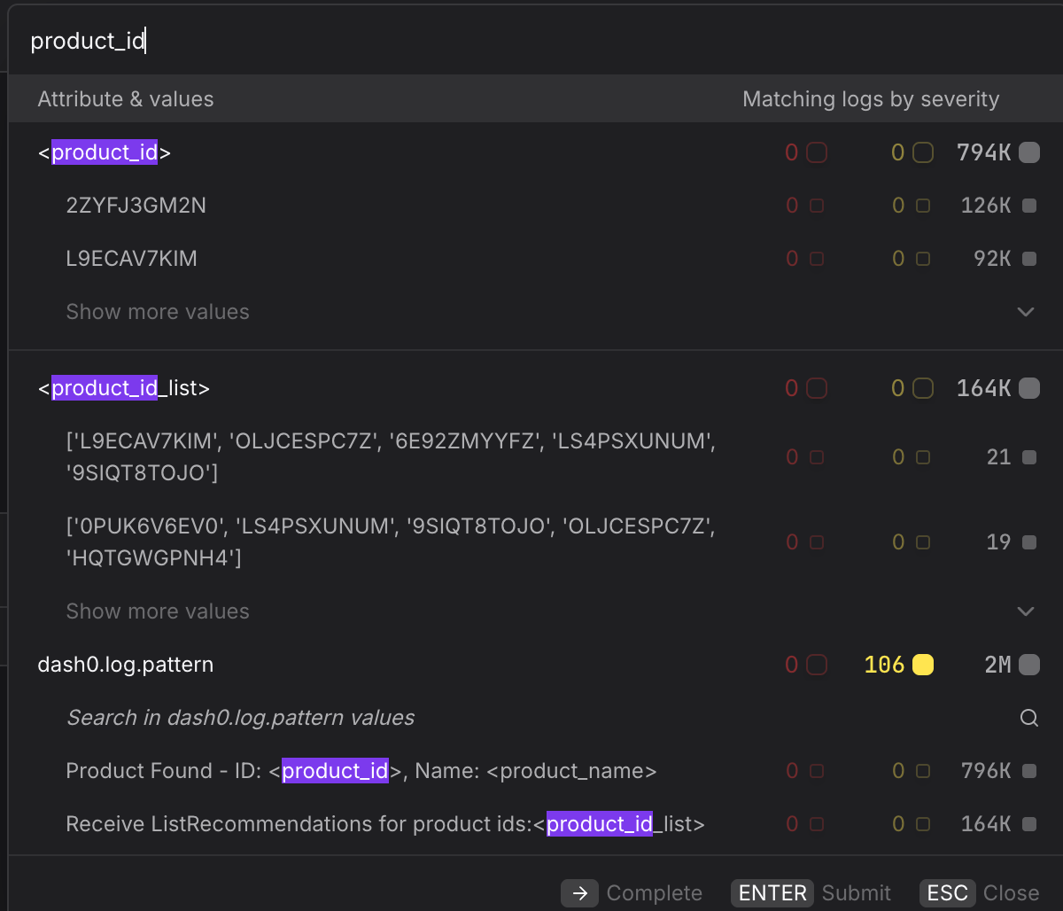 Log Explorer filter options showing Inferred Severity, Inferred Messages, and Inferred Attributes from Log AI