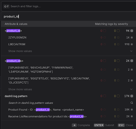 Log Explorer filter options showing Inferred Severity, Inferred Messages, and Inferred Attributes from Log AI