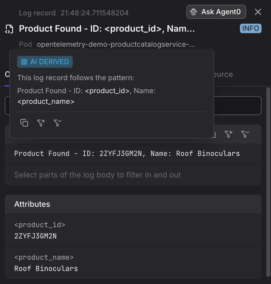 Log pattern hover tooltip showing mined pattern details and extracted attribute origins