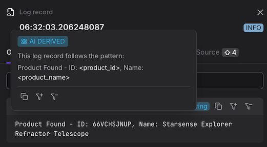 Log pattern hover tooltip showing mined pattern details and extracted attribute origins