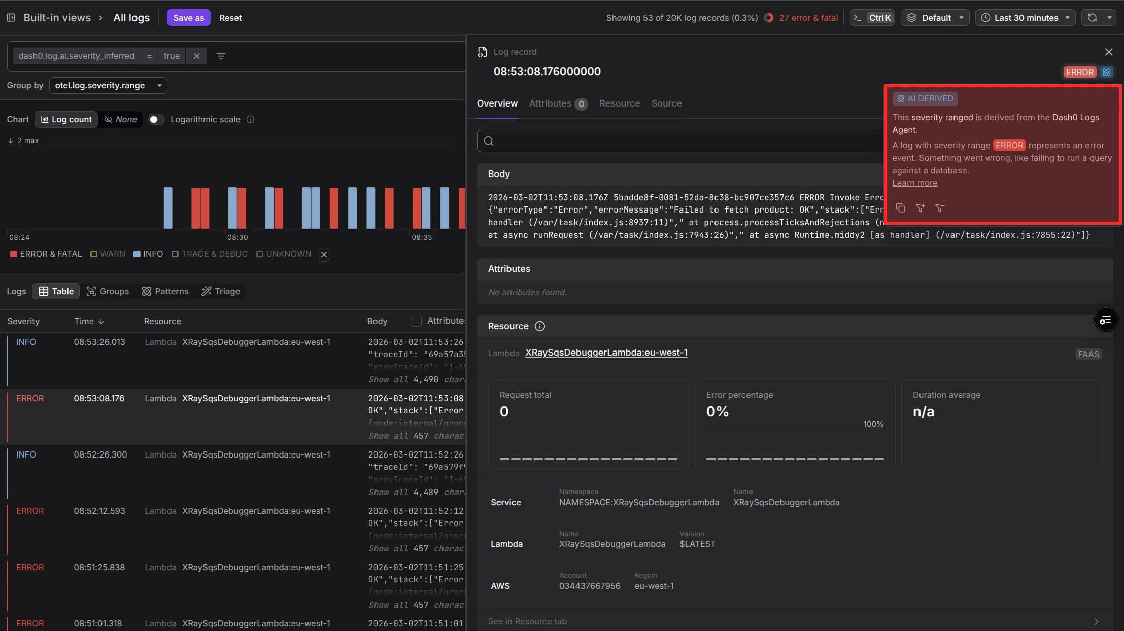 AI Inferred label next to the Severity Indicator in the Log Sidebar