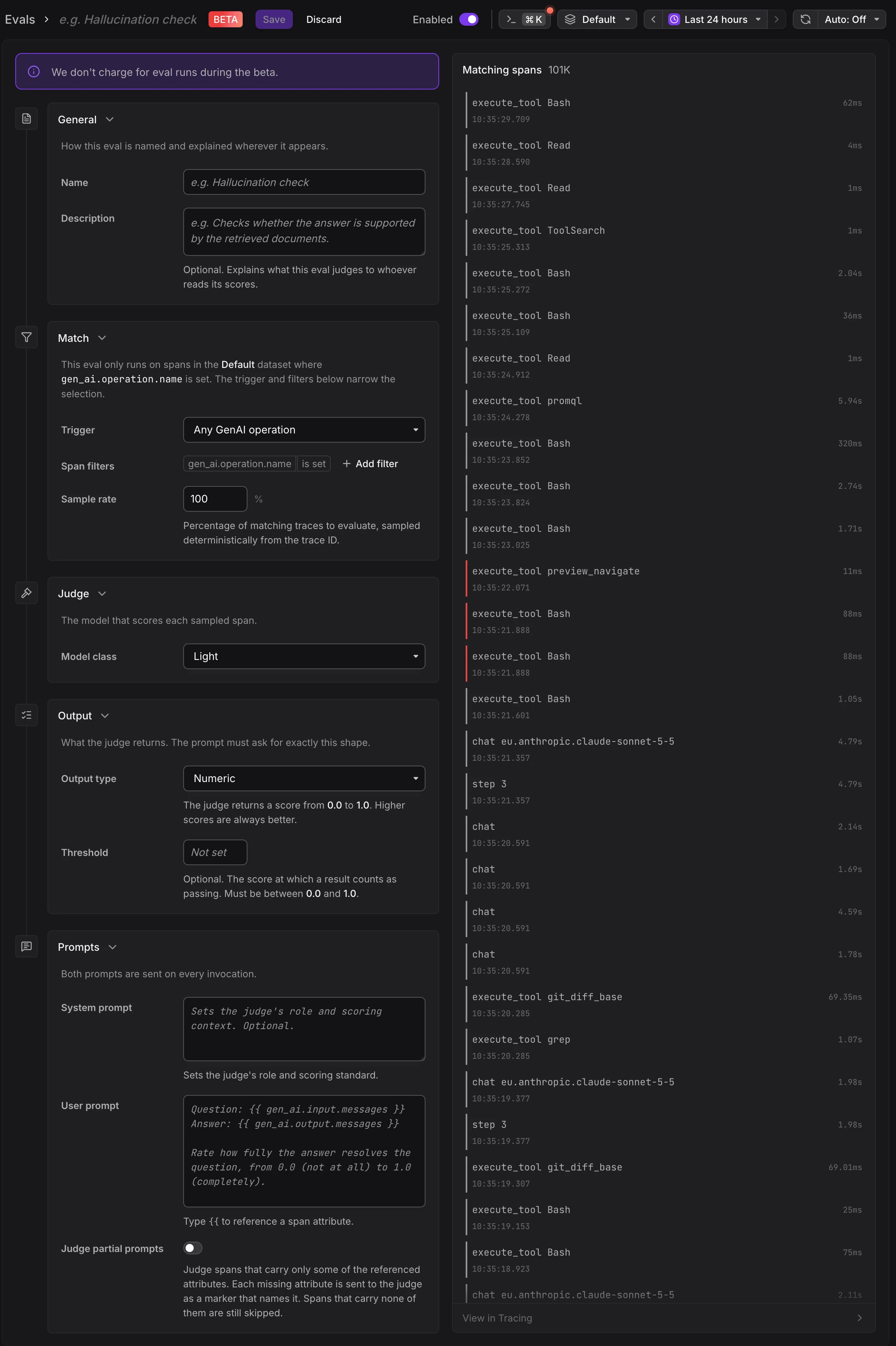 New eval editor with the General, Match, Judge, Output, and Prompts steps, including the Judge partial prompts toggle, next to the Matching spans panel