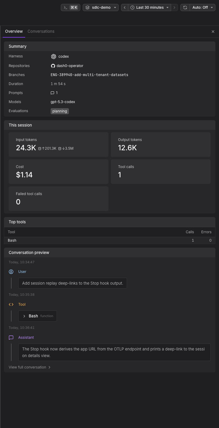 Session detail panel showing the summary, token usage, cost, tool calls, and conversation preview