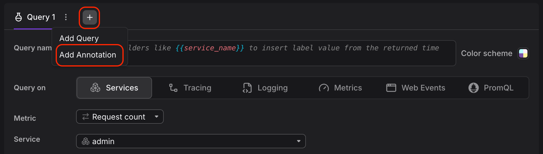 Query editor with the plus button and Add Annotation menu option highlighted for adding event overlays to panel
