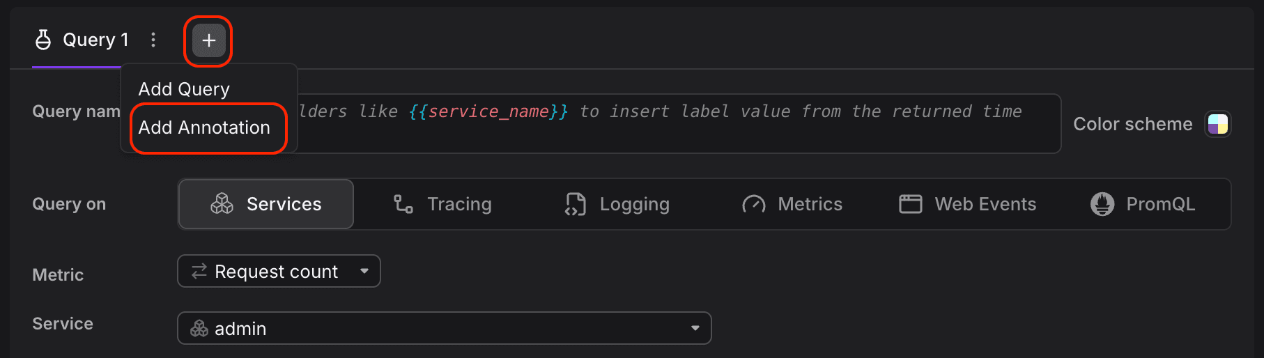 Query editor with the plus button and Add Annotation menu option highlighted for adding event overlays to panel