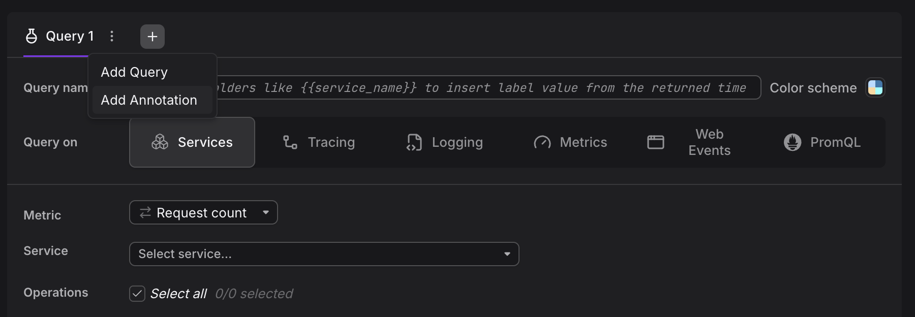 Query editor with plus button and Add Annotation option for adding event overlays to panel