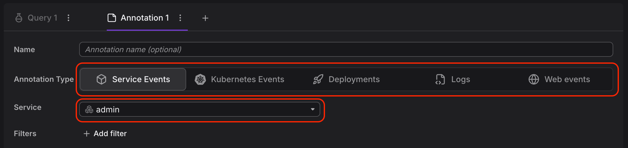Annotation configuration panel with the Annotation type selection and Service dropdown highlighted for scoping events