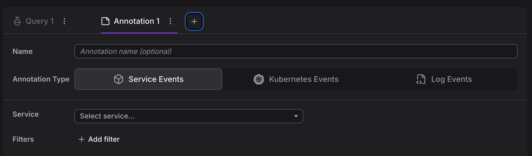 Annotation configuration panel showing Annotation type selection and Service dropdown for scoping events