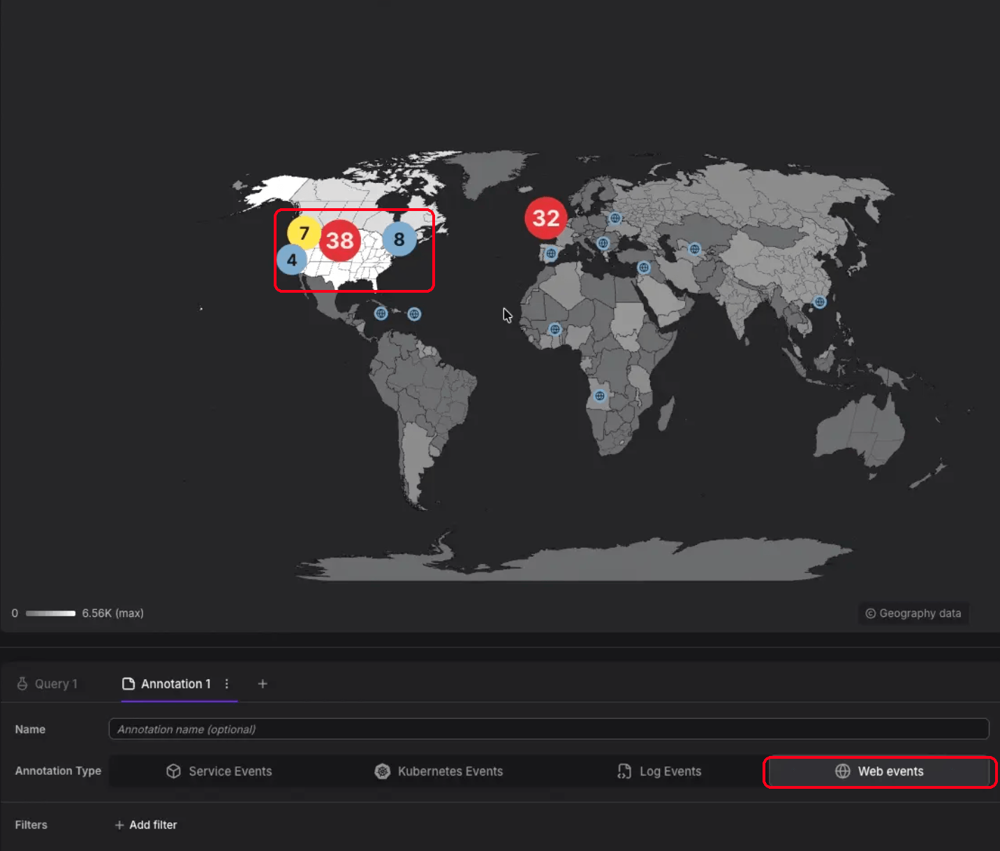 GeoMap with a clustered pin group and the Web events annotation type highlighted on a world map