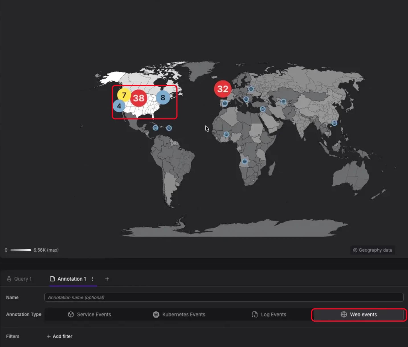 GeoMap with a clustered pin group and the Web events annotation type highlighted on a world map