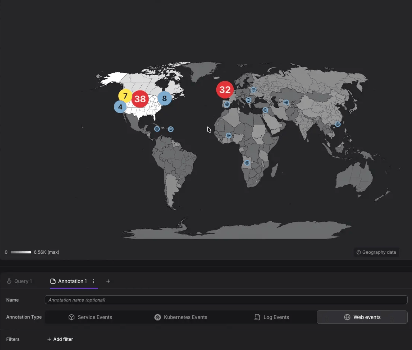 GeoMap showing event annotation pins clustered on a world map with Web events annotation type selected