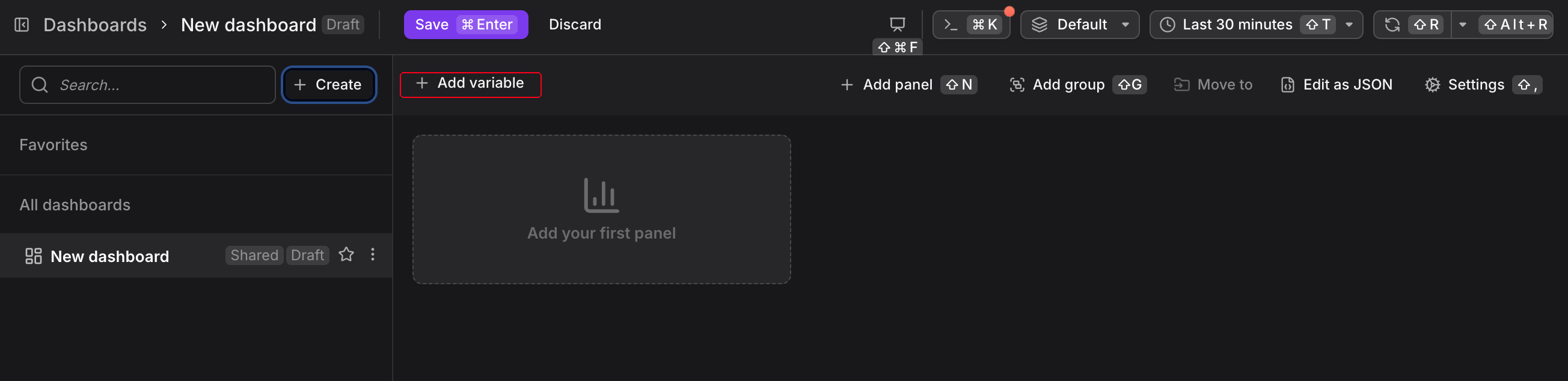 Dashboard toolbar with the Add variable button highlighted for creating dynamic dashboard filters