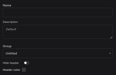 Panel configuration General Settings section showing Name, Description, Group, Hide Header, and Header Color options