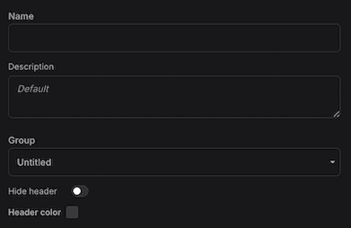 Panel configuration General Settings section showing Name, Description, Group, Hide Header, and Header Color options