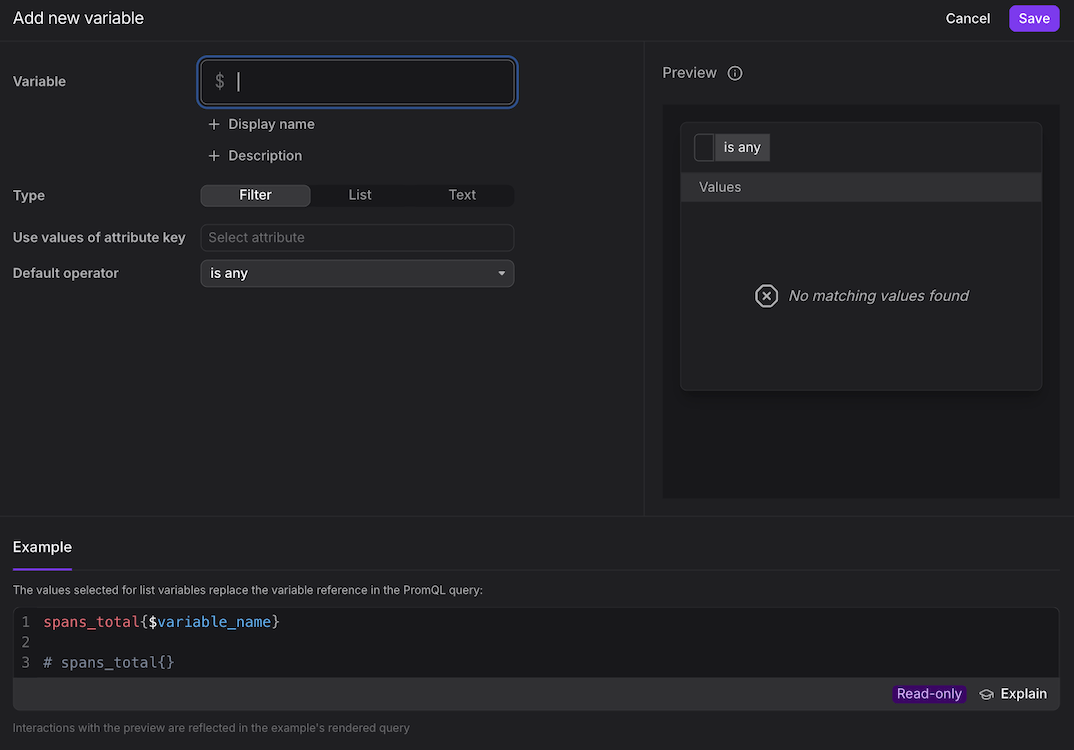 Add new variable dialog showing fields for variable name, type selection, attribute source, display name, and default value configuration