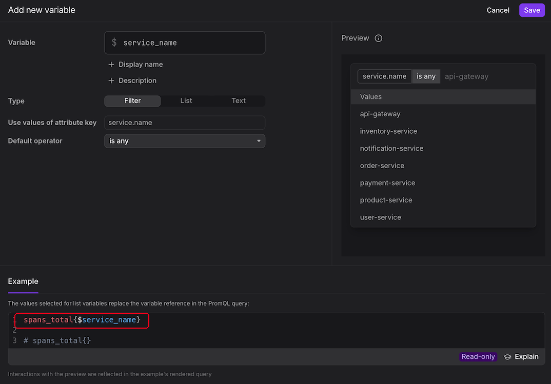 Dashboard panel showing PromQL query with the variable substitution syntax highlighted using dollar sign notation for dynamic filtering