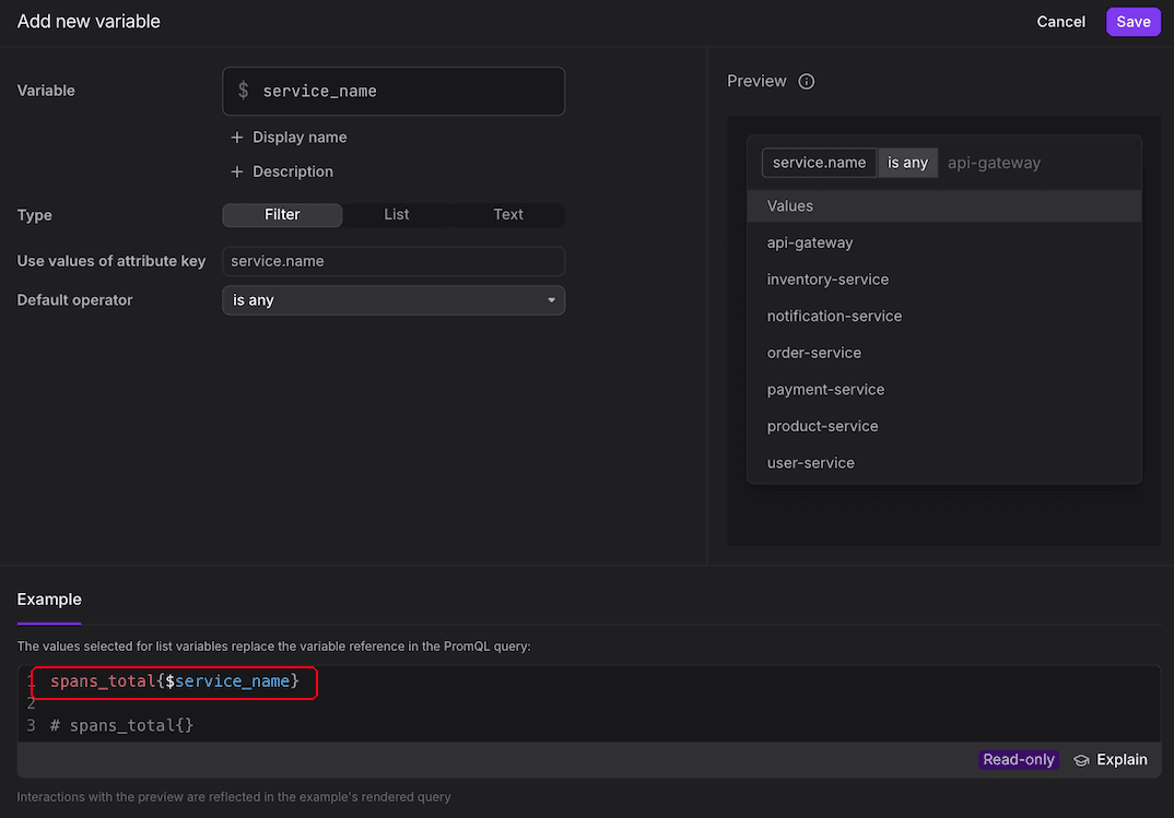 Dashboard panel showing PromQL query with the variable substitution syntax highlighted using dollar sign notation for dynamic filtering