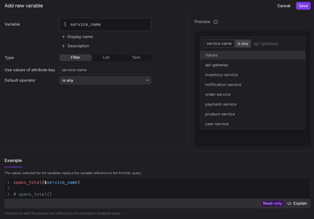 Dashboard panel showing PromQL query with variable substitution syntax using dollar sign notation for dynamic filtering