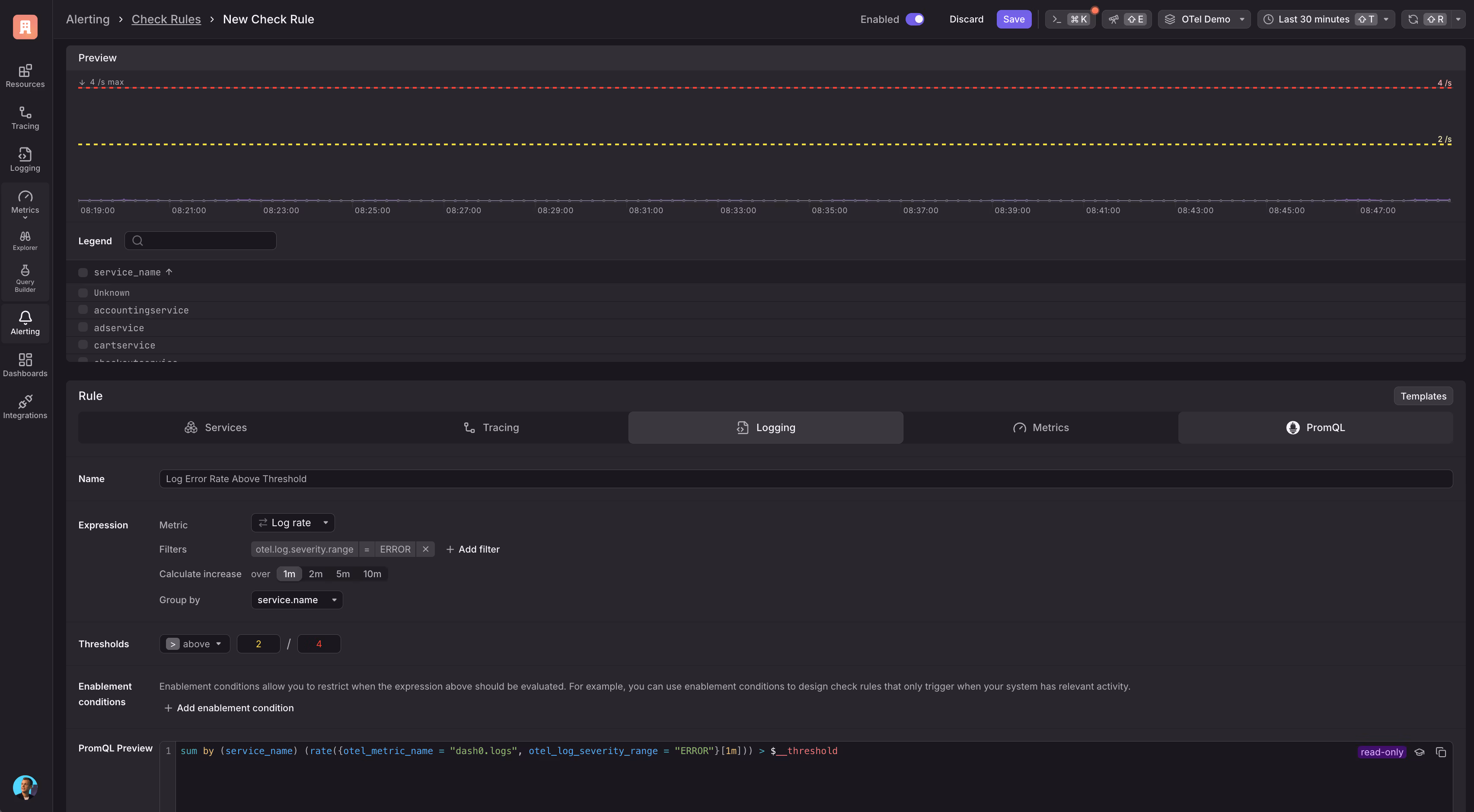 Check rule configuration showing log error rate query with severity ERROR filter, PromQL expression, threshold comparison, and time-series chart grouped by service name