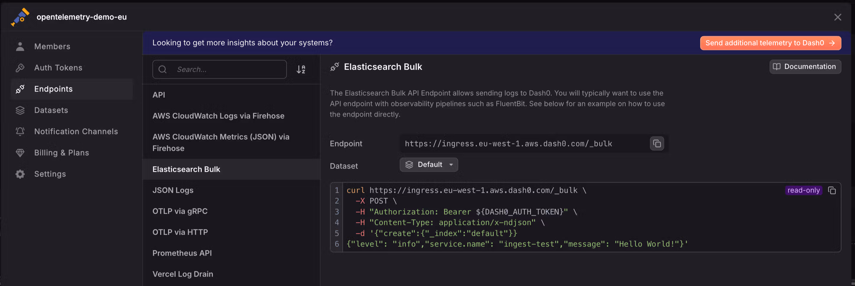 Endpoints reference page showing Elasticsearch Bulk API endpoint URL, authentication method, and cURL example for verifying connectivity