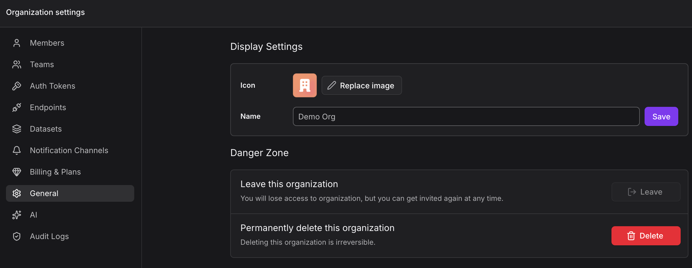 Organization settings General section showing editable organization name field and profile image upload option