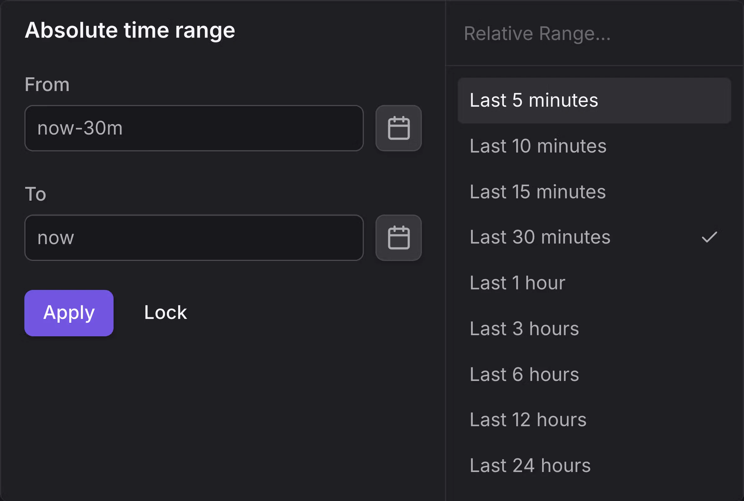 Time Picker interface showing predefined time range options on the right and custom time range selector on the left with calendar and time inputs