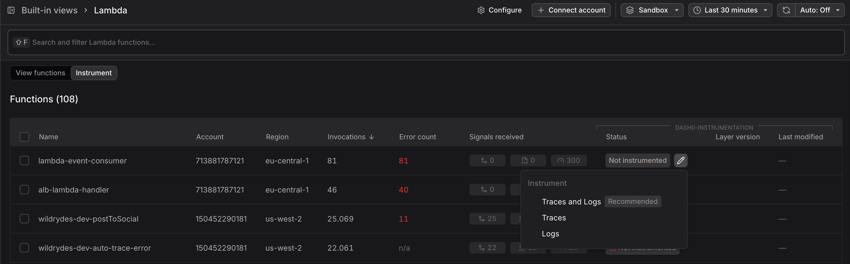 Lambda functions page in Instrument mode showing functions available for auto-instrumentation
