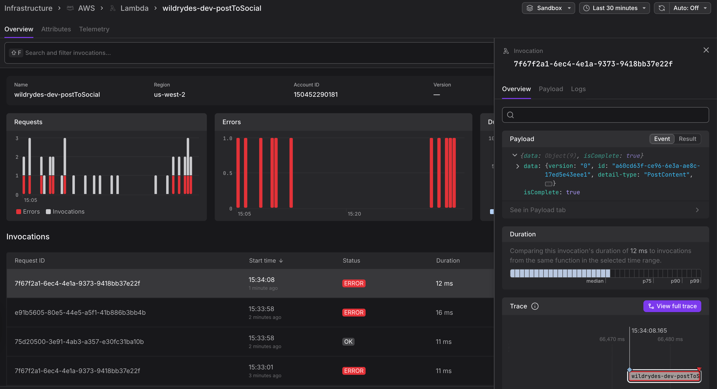 Lambda invocation detail panel showing payload, duration, and trace link