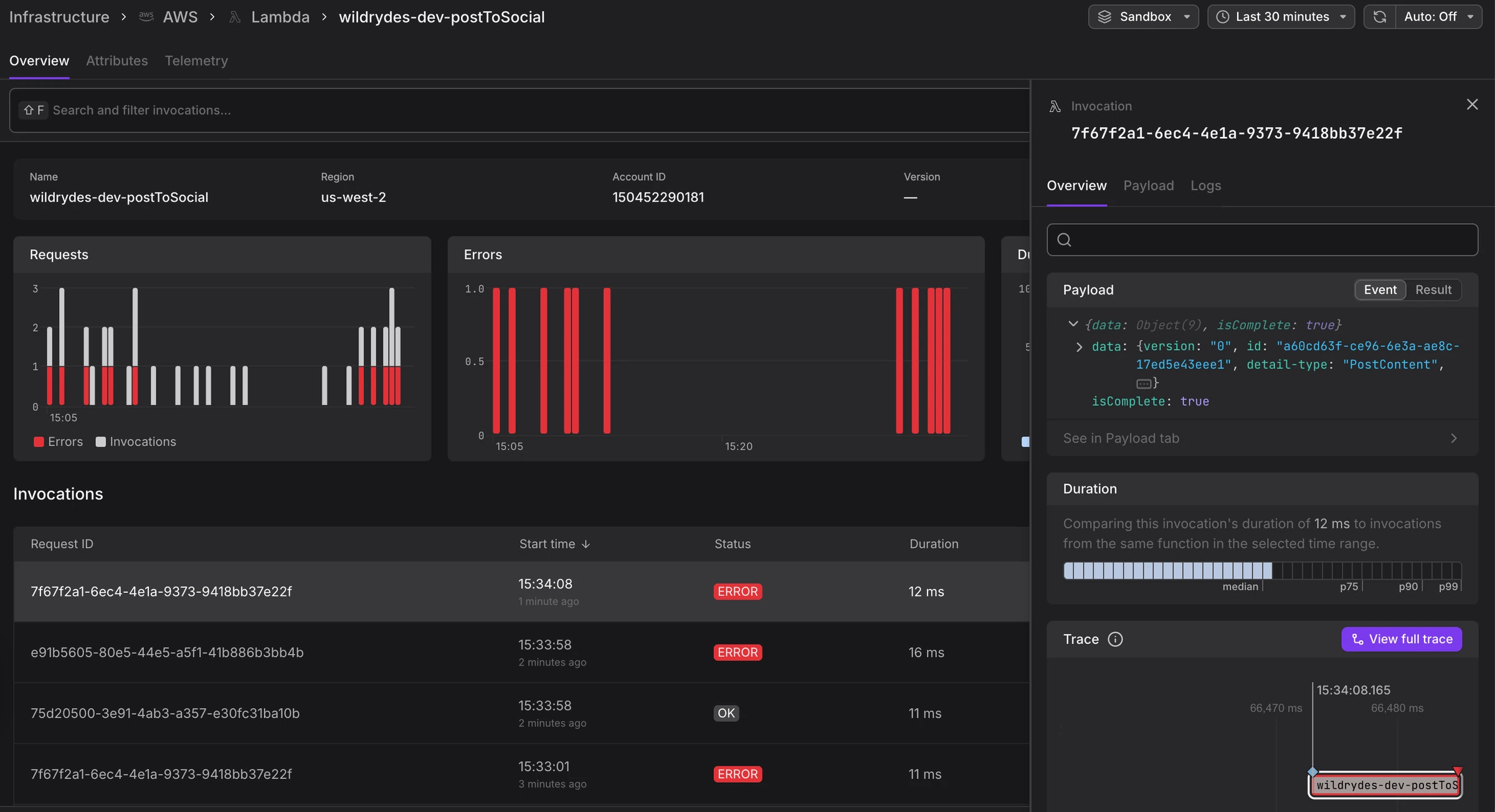 Lambda invocation detail panel showing payload, duration, and trace link