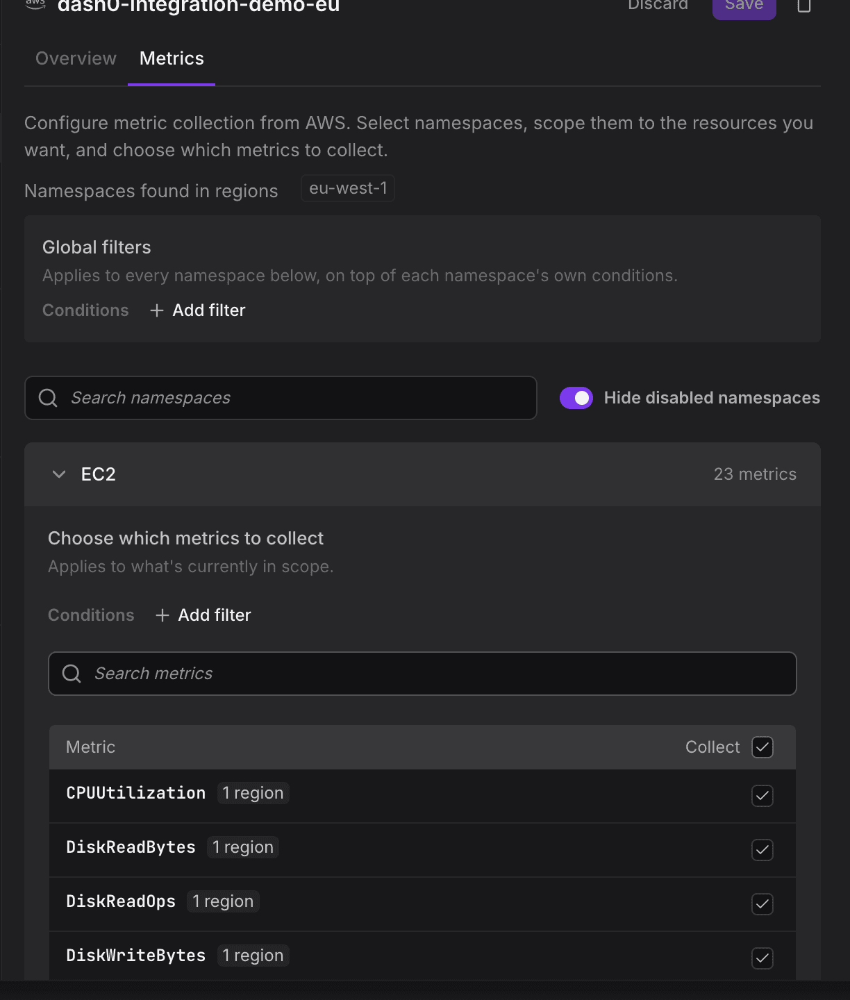 AWS integration Metrics tab with Global filters and the EC2 namespace expanded to choose which metrics to collect