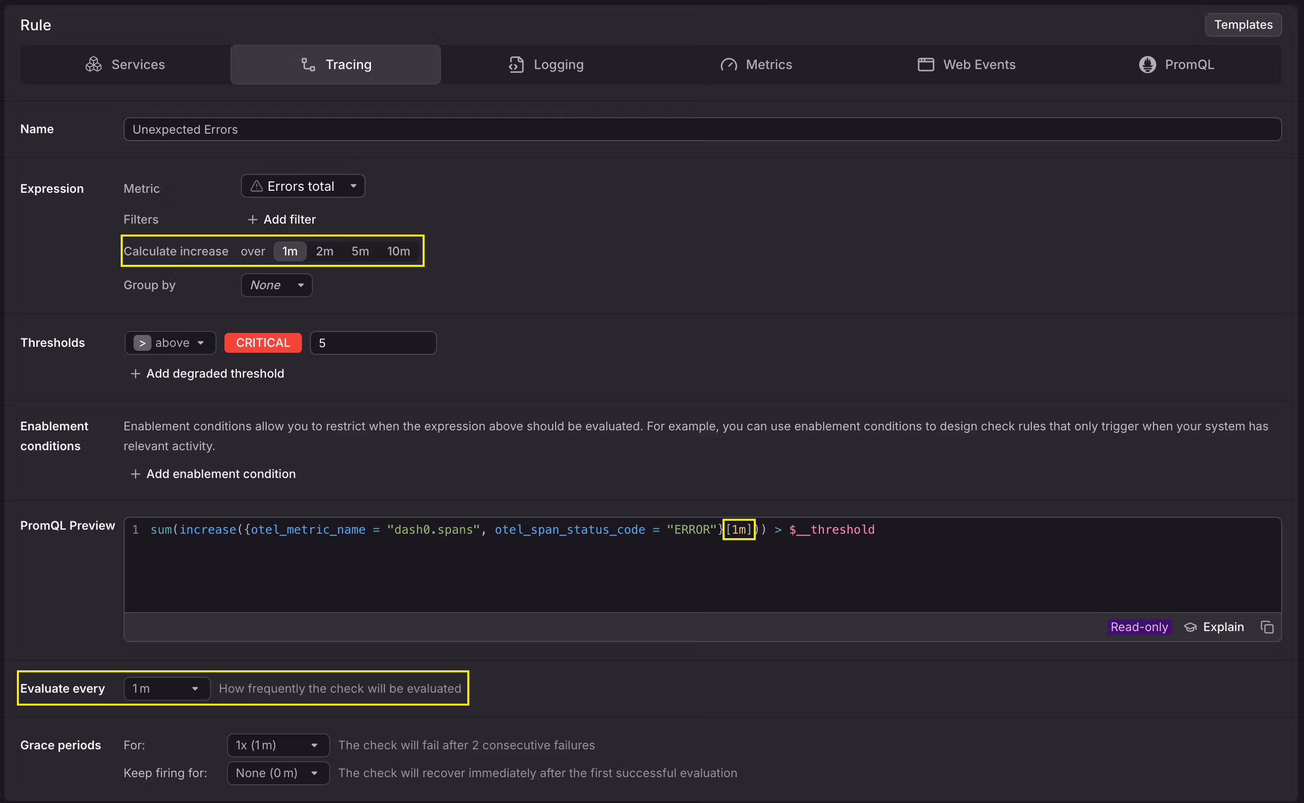 Within the check rule editor in Dash0 you can configure the range and evaluation frequency
