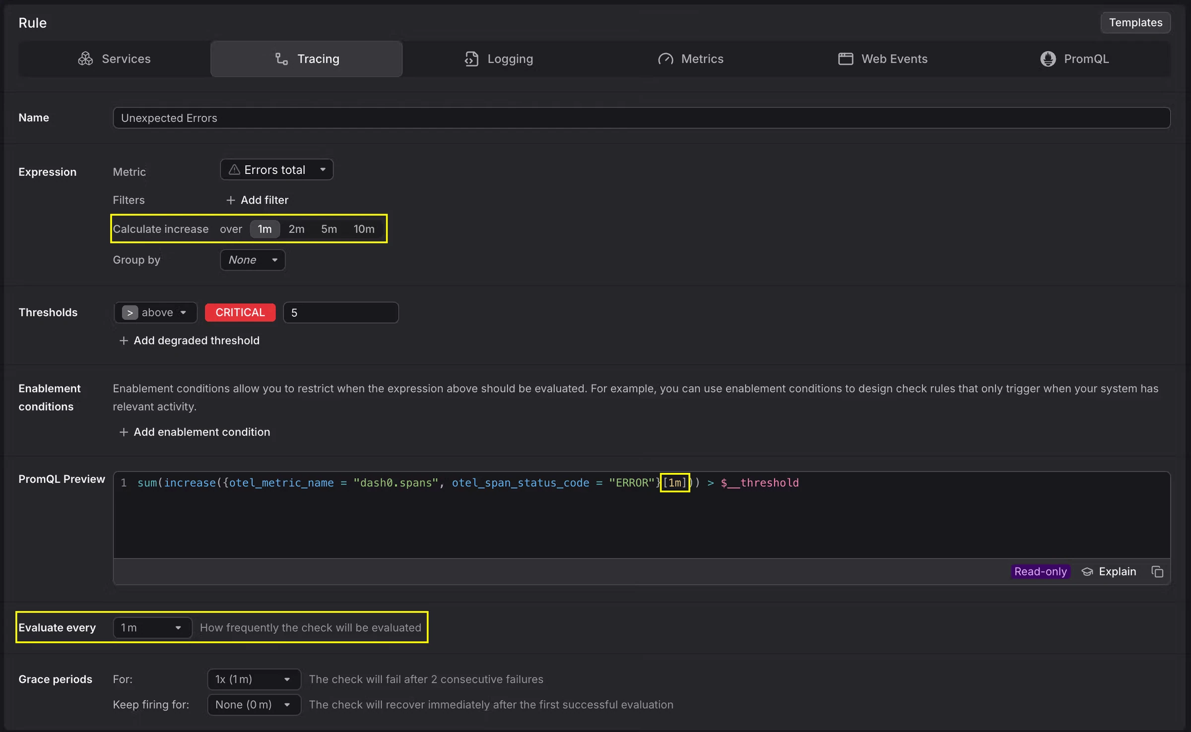 Within the check rule editor in Dash0 you can configure the range and evaluation frequency