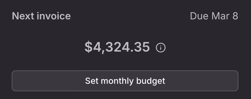 Next invoice card displaying current amount due with Set monthly budget button for configuring spending limit