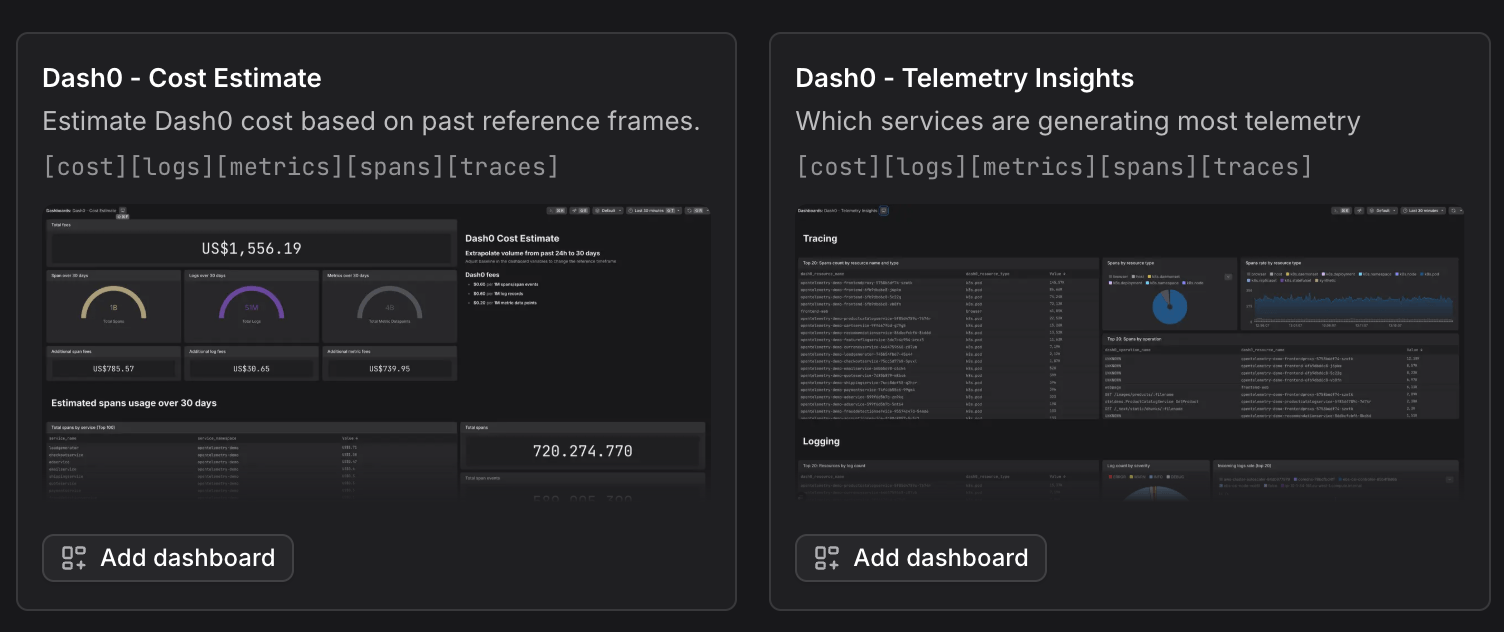 Dashboard cards showing Dash0 Cost Estimate and Telemetry Insights dashboards with individual Add dashboard buttons for selective installation