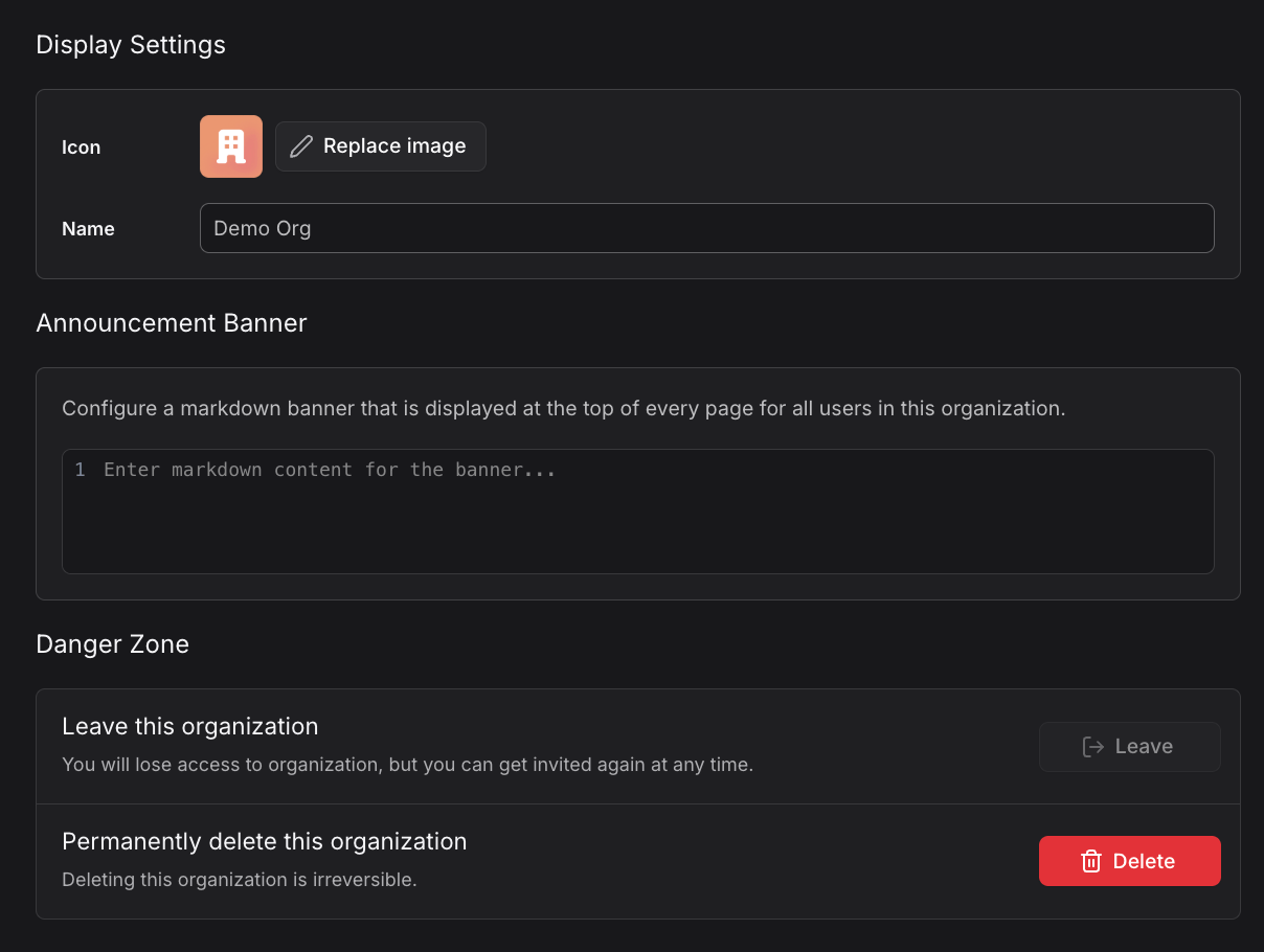 General settings page showing Display Settings, Announcement Banner, and Danger Zone