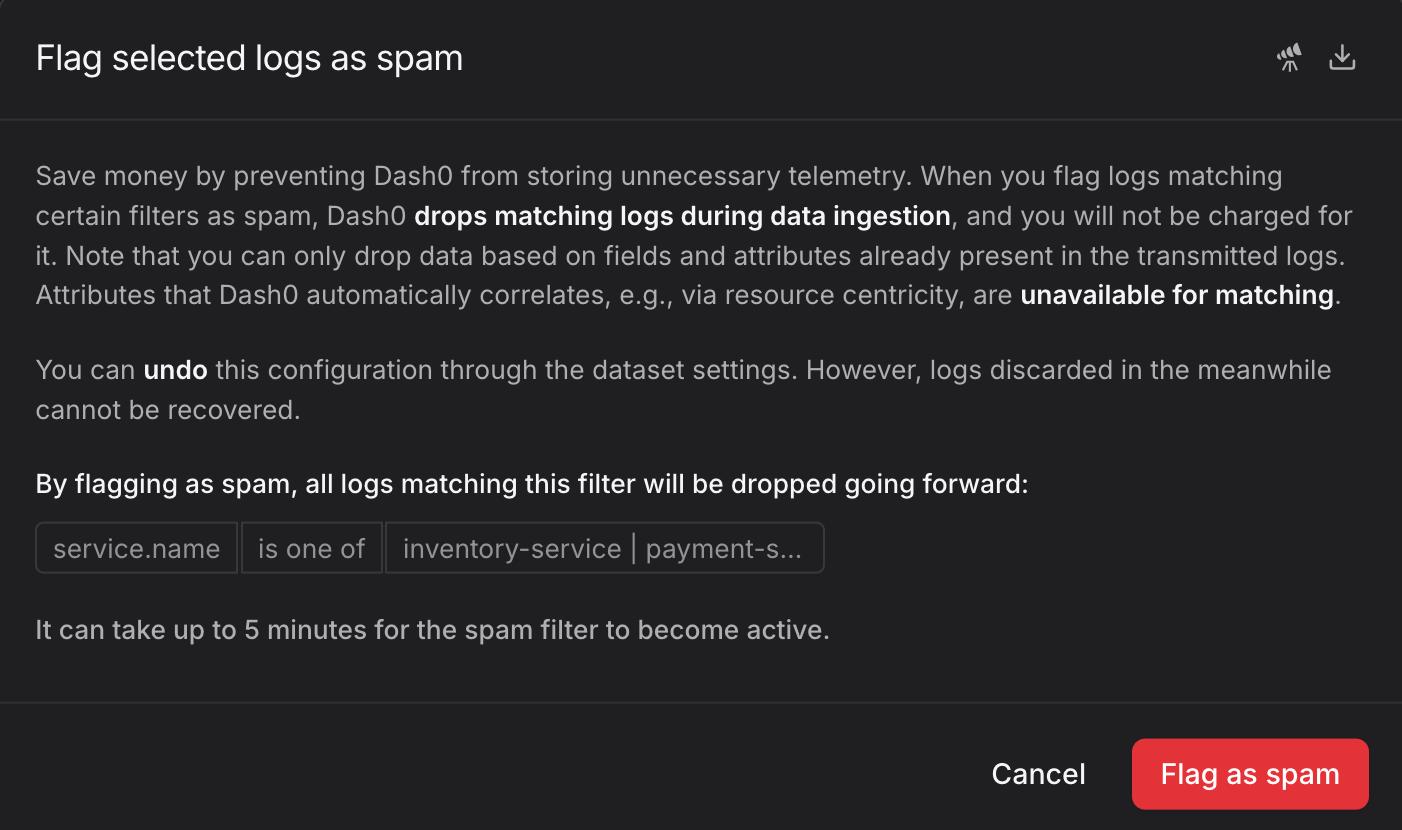 Spam filter confirmation dialog showing Flag as spam button to activate the filter
