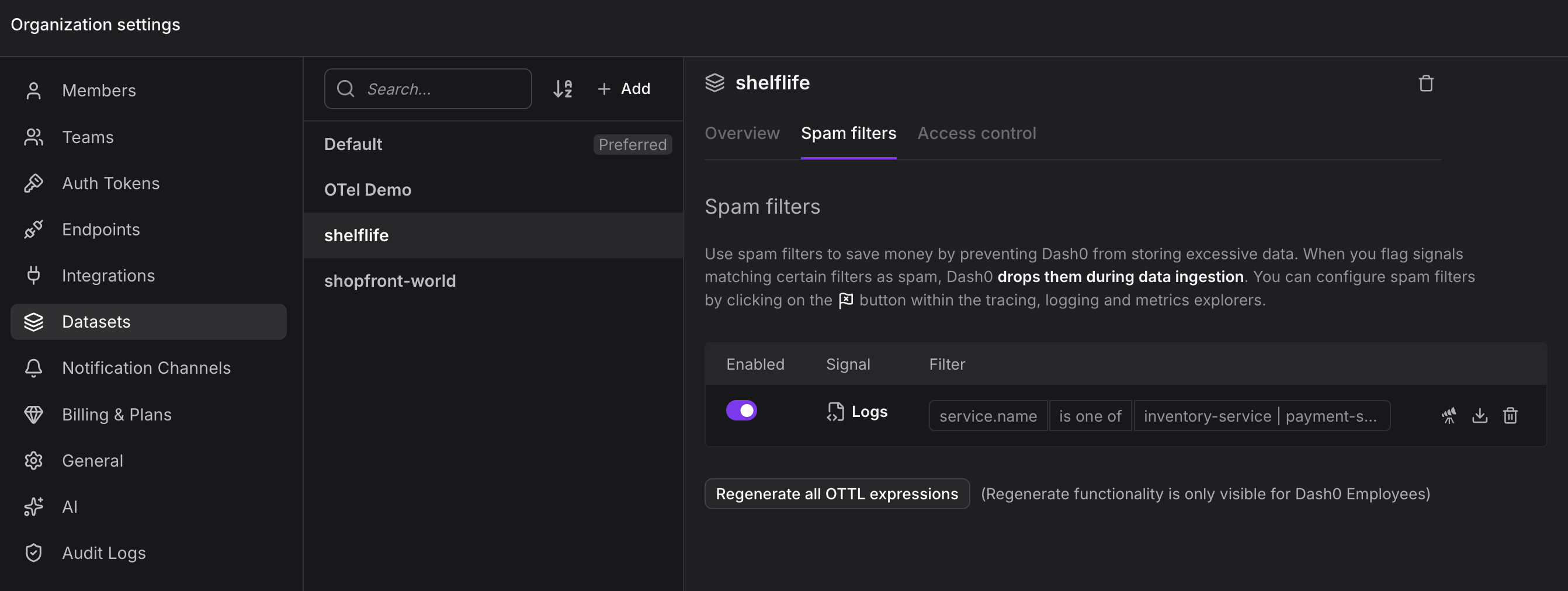 Settings dialog Datasets tab displaying active spam filters with options to review, disable, delete, or add filters