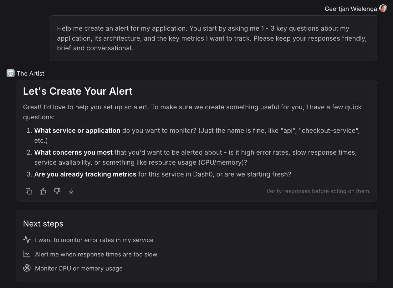 Agent0 asking clarifying questions for alert generation