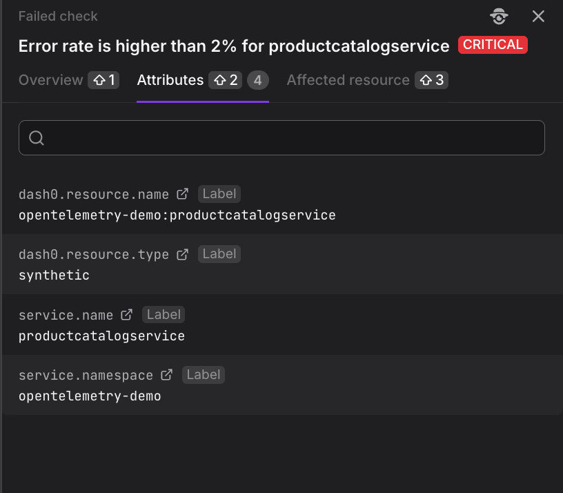 Failed check detail sidebar Attributes tab showing a search box at the top and a list of labels below. Each attribute shows both the label key and its value.