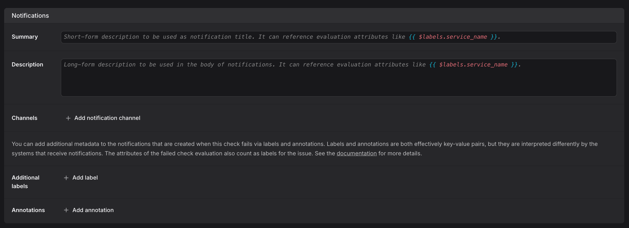 Notifications section with channels
