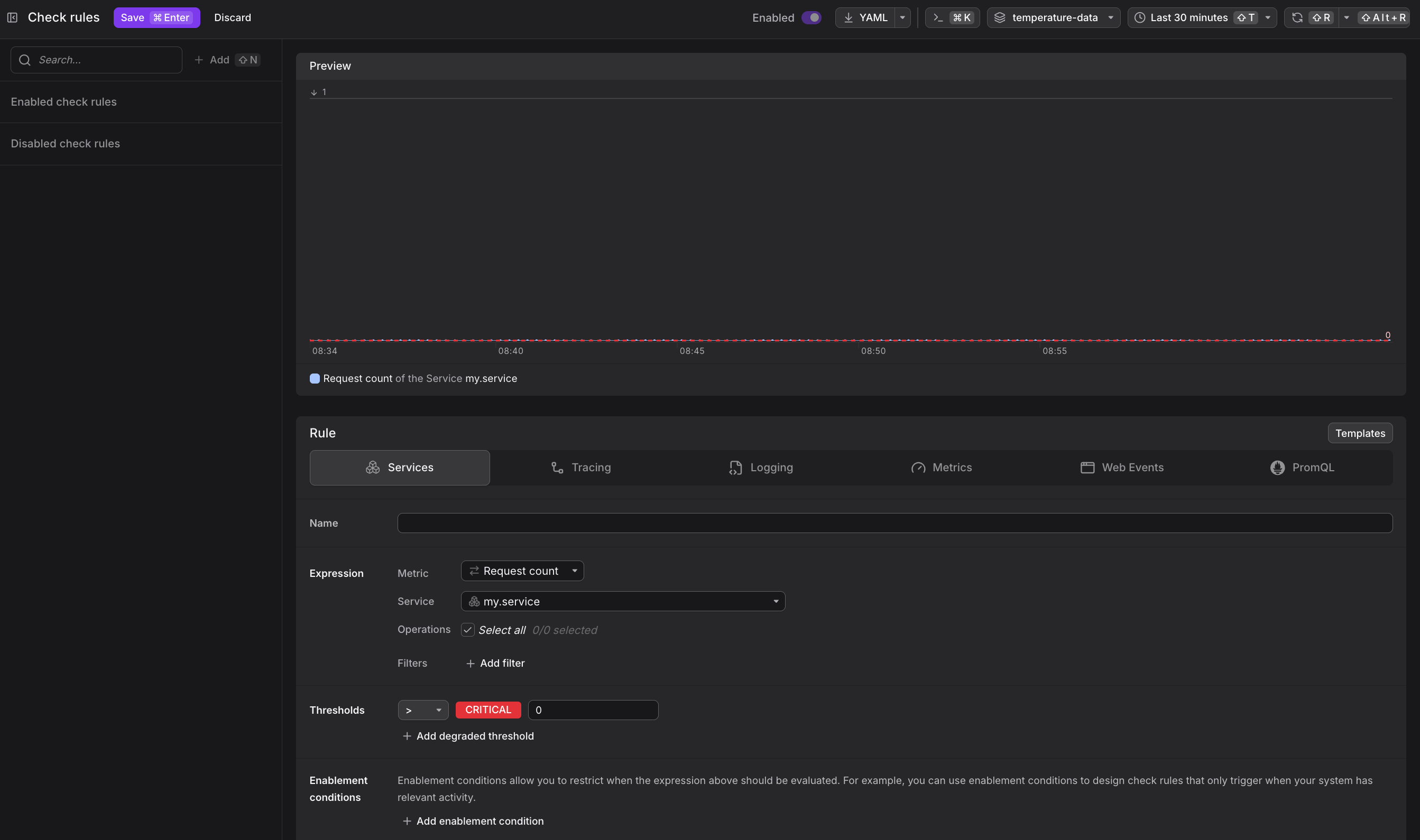 Query builder with Services tab selected
