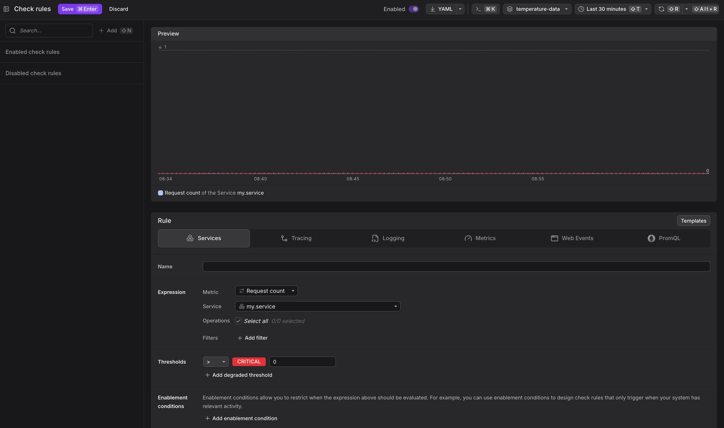 Query builder with Services tab selected