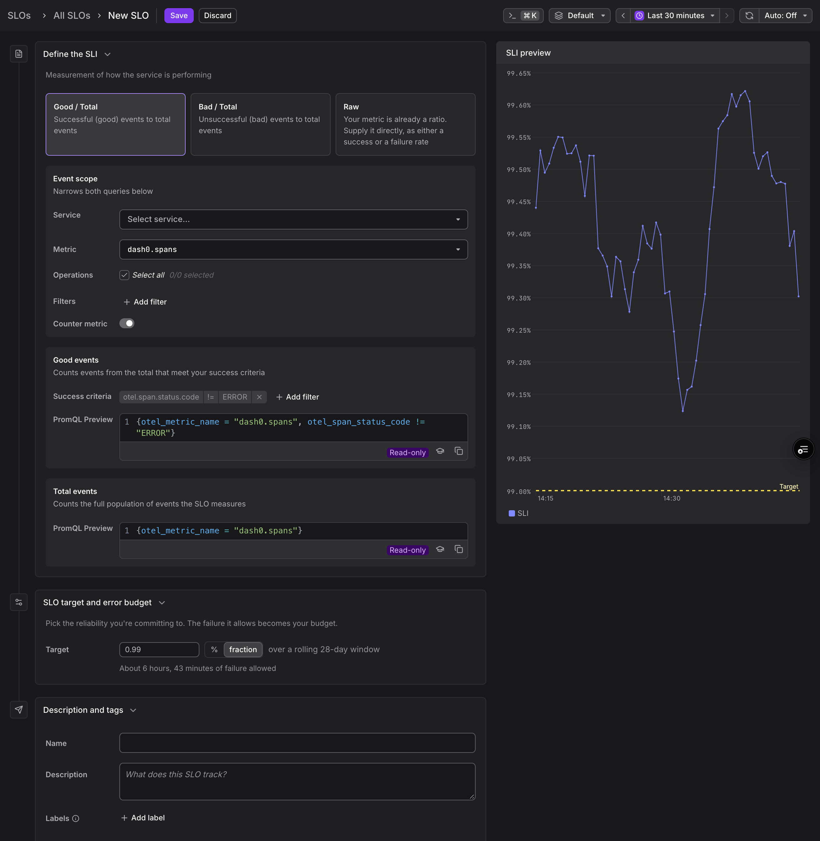 The New SLO form. Define the SLI offers the Good/Total, Bad/Total, and Raw shapes with an event scope and query builders, the SLI preview chart shows the resulting ratio live, and below it follow the SLO target and the description fields.