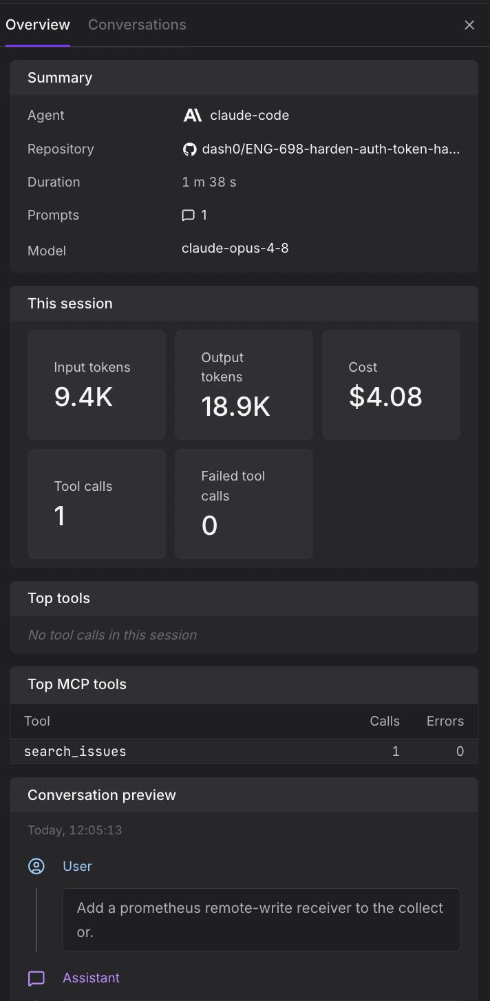 Session detail panel showing token usage, cost, tool calls, and conversation preview