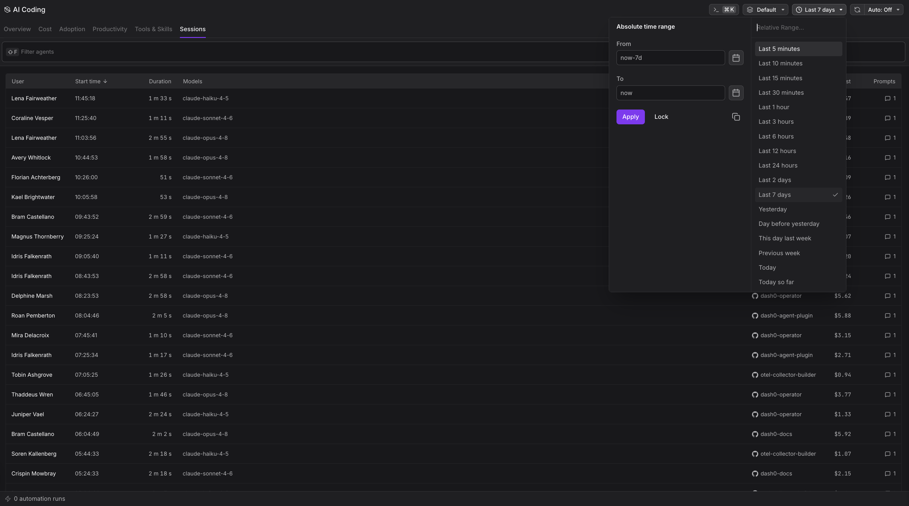 Sessions list with sortable columns for user, repository, duration, cost, and model