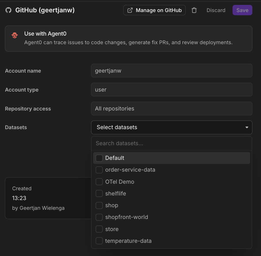 Dataset selection for GitHub integration metrics
