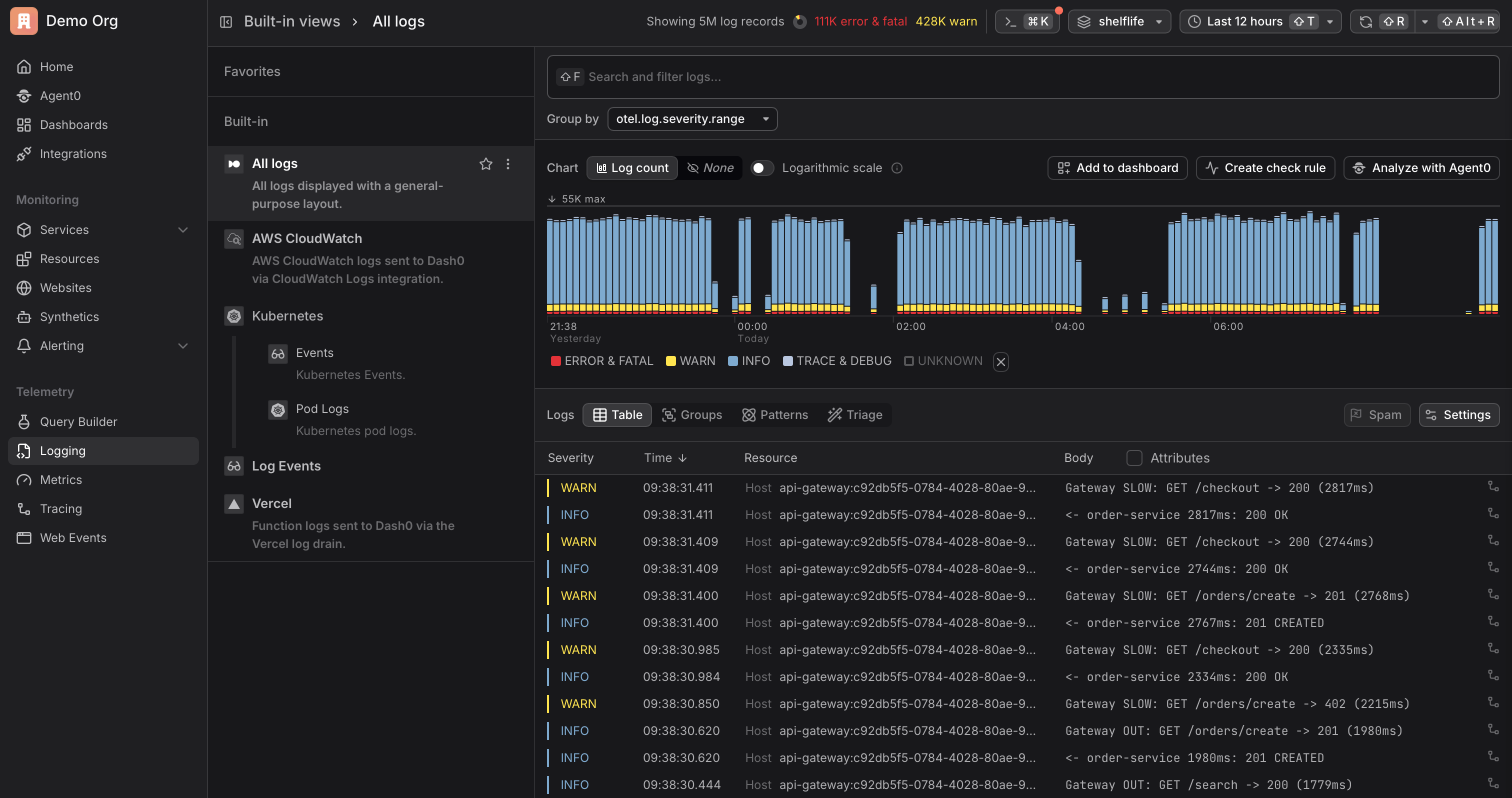 Dash0 Logging Page showing all log records of the last 30 minutes